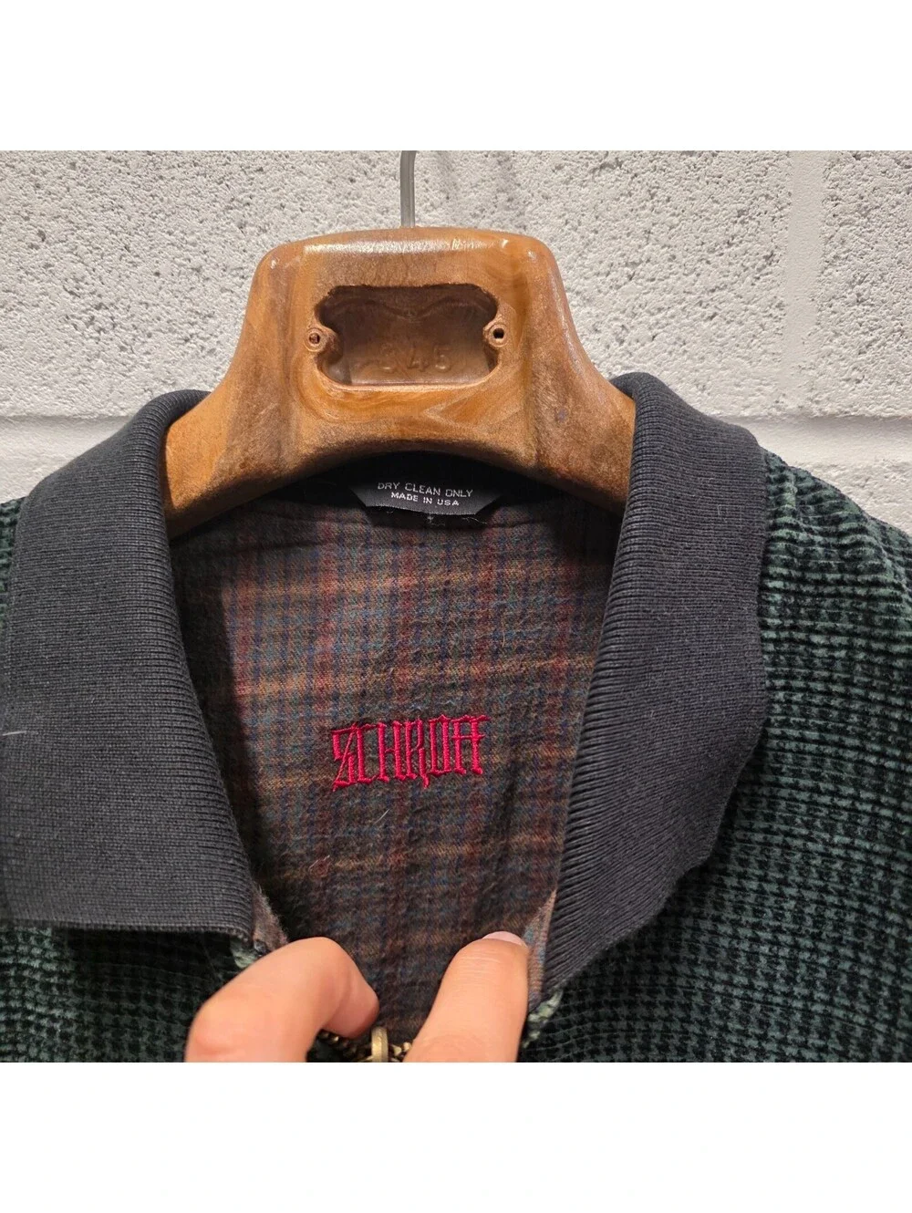 Schroff corduroy jacket features a distinctive green checkered pattern 25x34